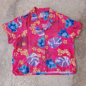 Vtg 80s 90s Jams World Aloha Pink Blue Yellow Tropical Floral Button Shirt Sz L